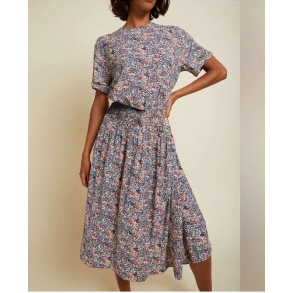 Nation LTD Martine Floral Midi Dress Medium Blue Red Smocked Tiered Pima Cotton
